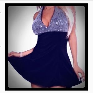 Brand New Sm. Black Halter Sequin Bra Flair Dress